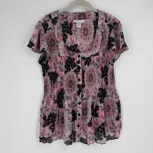 Vintage 90s y2k pink black top floral button front dressbarn pleated stretch